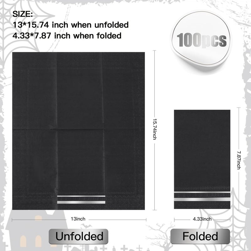 Tamone 100PCS 3-Ply Halloween Paper Napkins - Black Paper Napkins - Black Napkins Disposable - Premium Quality Silver Napkins Soft and Absorbent for Wedding Party Birthday - Image 2